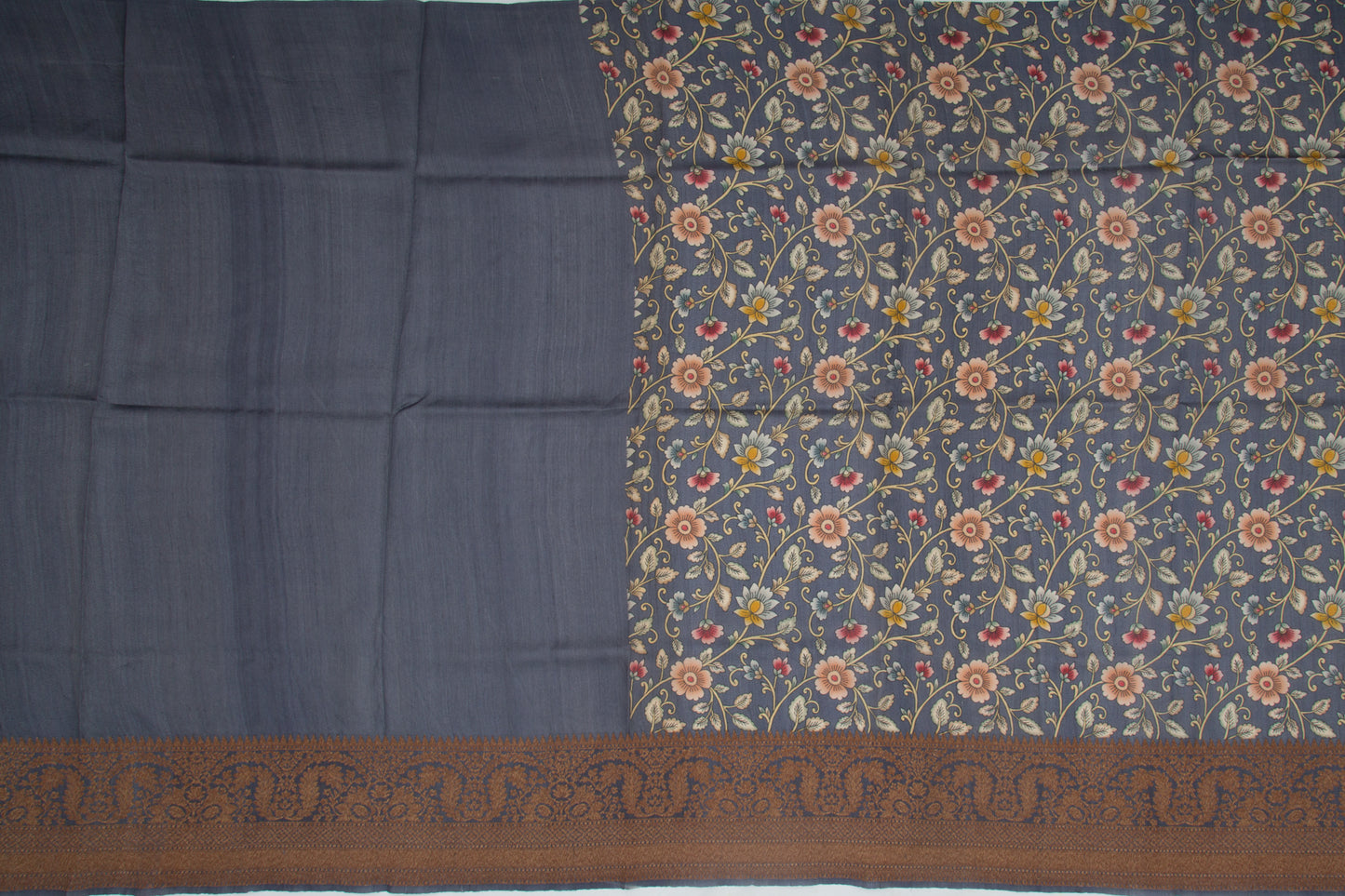 Tussar Floral Printed Grey Saree