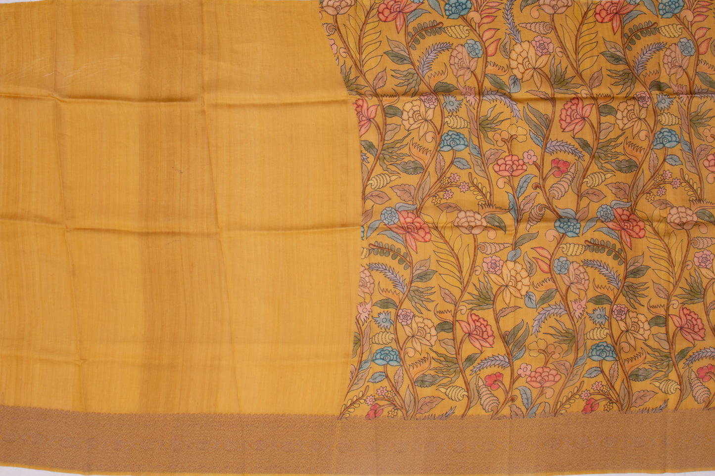 Tussar Floral Printed Mustard Yellow Saree