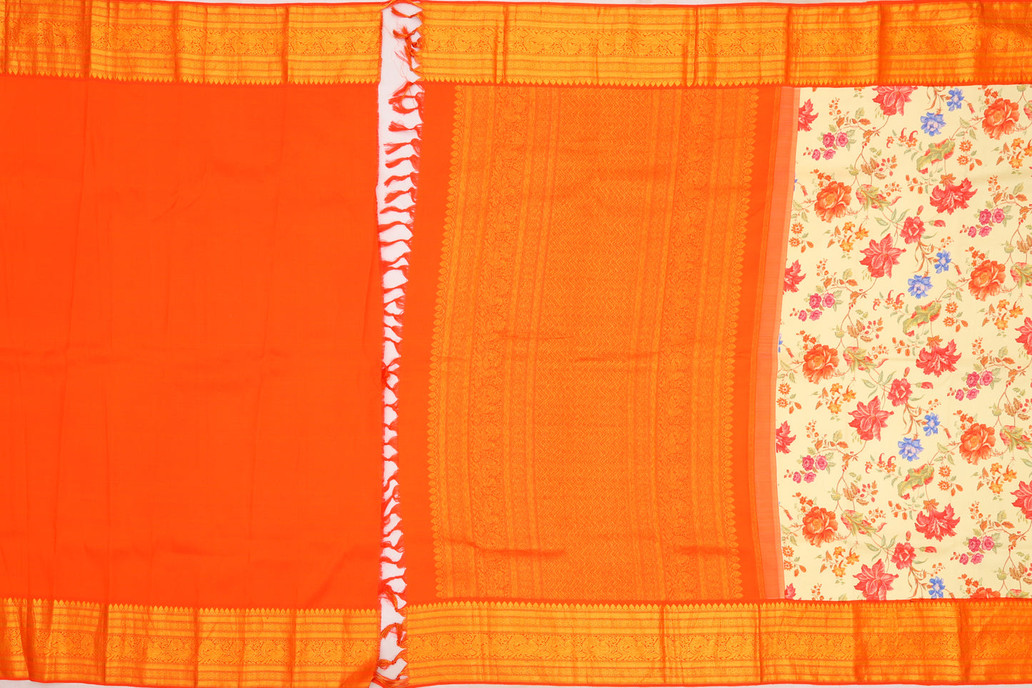 Kanchipuram Silk Floral Printed Cream Saree