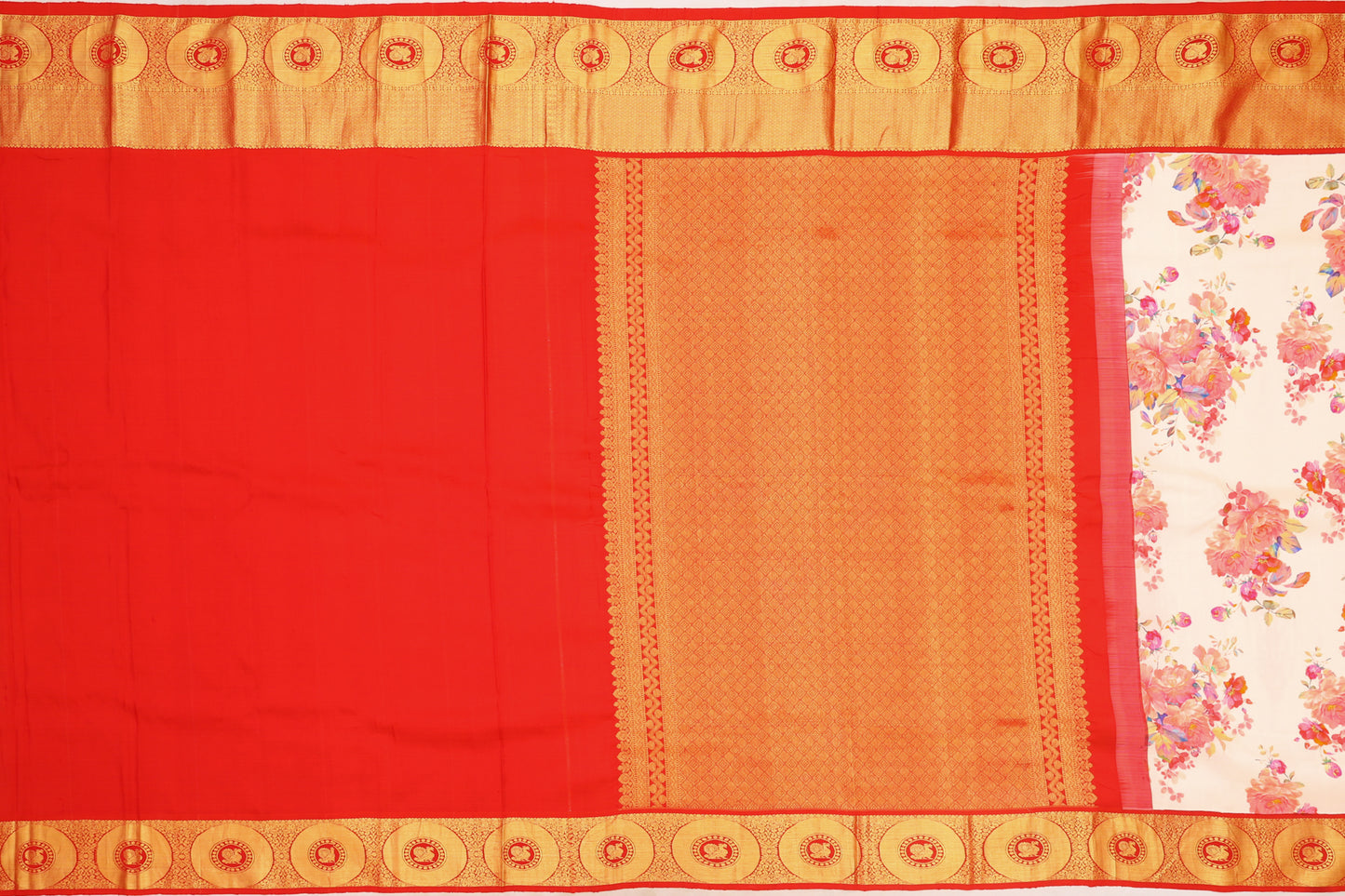 Kanchipuram Silk Floral Printed Cream Saree