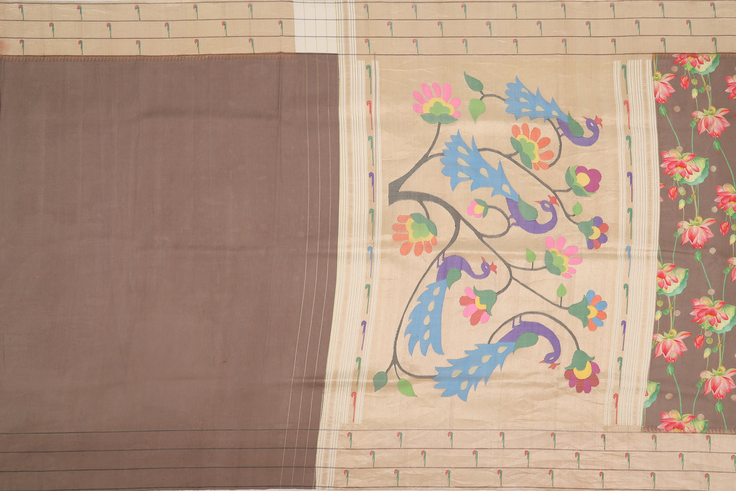 Paithani Silk Floral Printed Snuff Saree With Triple Muniya Border