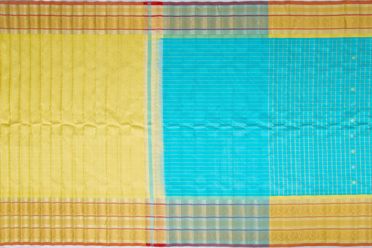 Gadwal Silk Checks And Butta Sky Blue Saree