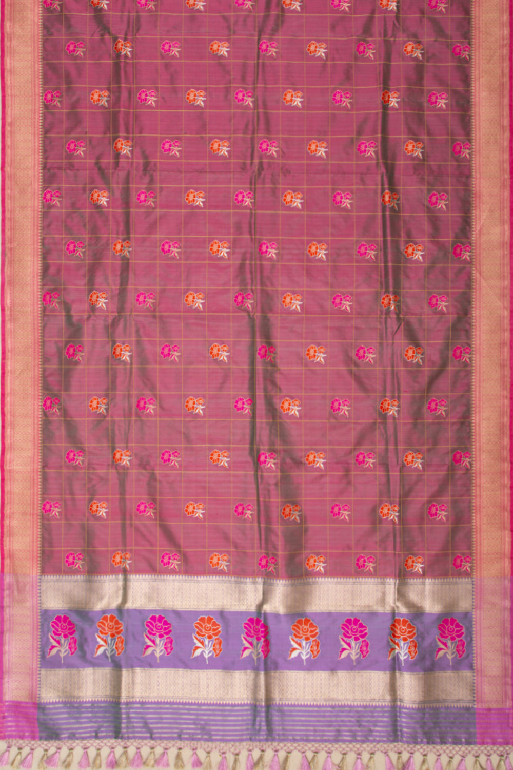 Banarasi Silk Checks And Butta Dual Tone Purple And Green Dupatta
