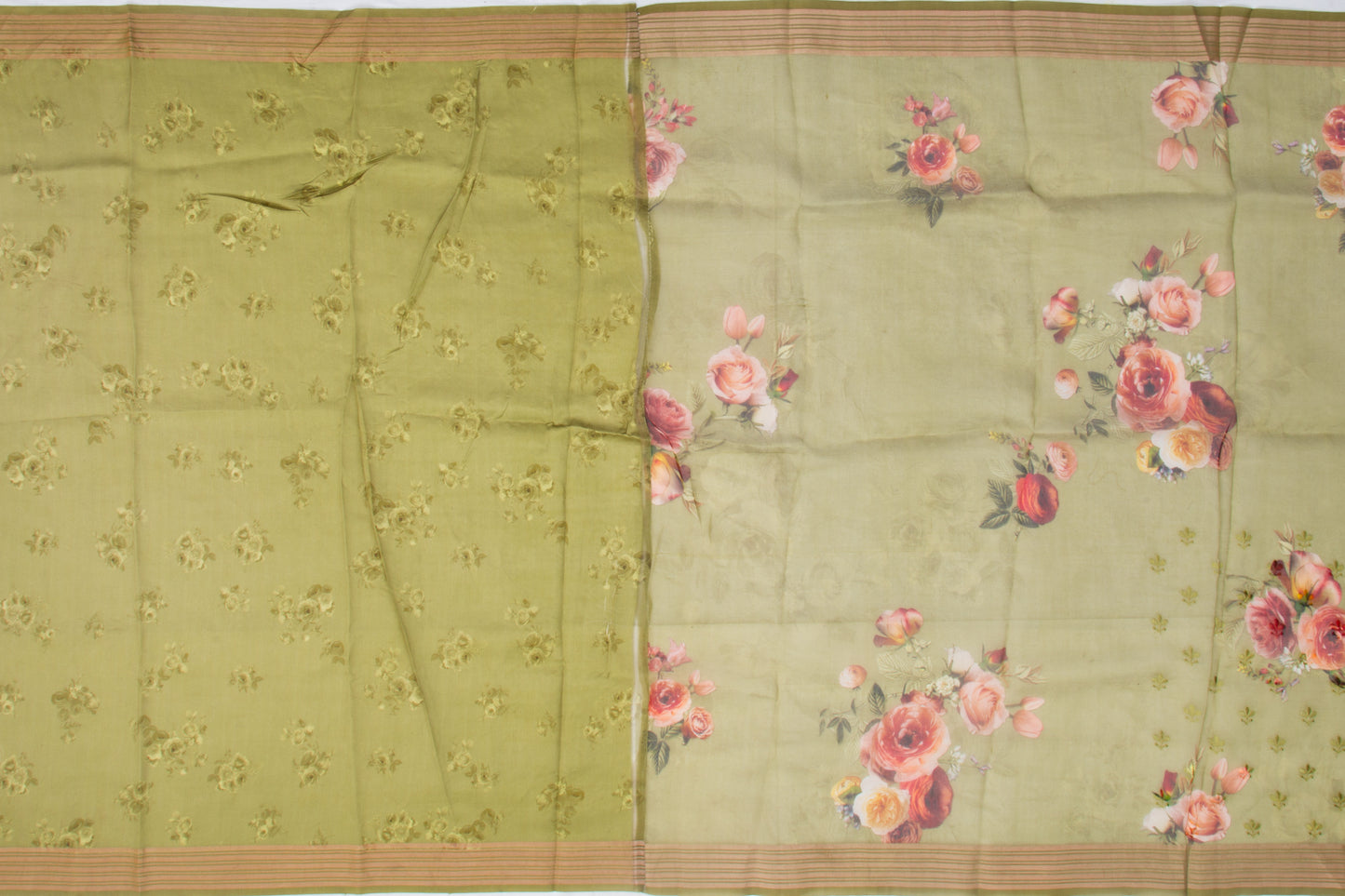 Organza Floral Embroidery And Printed Green Saree