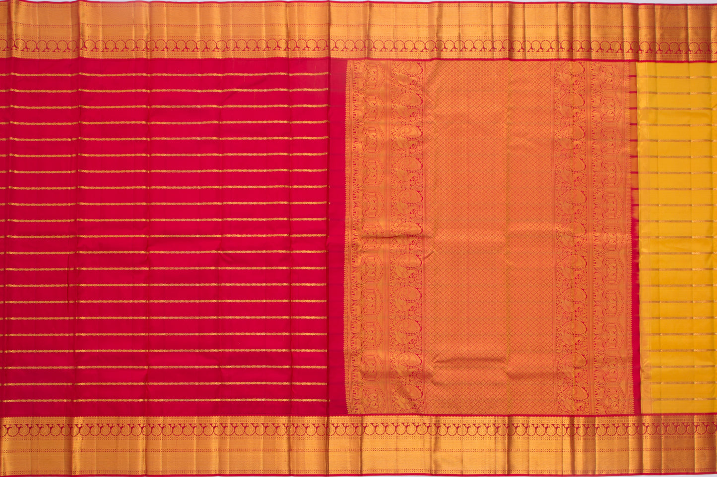 Kanchipuram Silk Horizontal Lines Mustard Yellow Saree