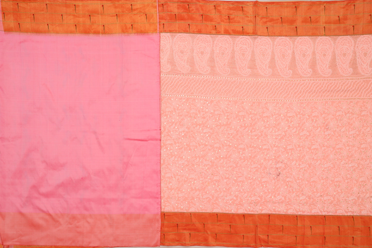 Lucknow Chikankari Georgette Pastel Pink Saree With Attached Paithani Border