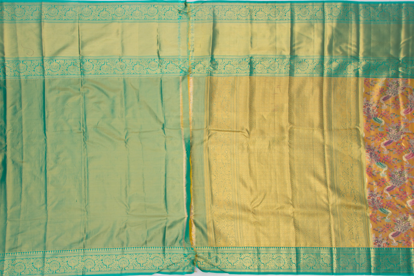 Kanchipuram Silk Tissue Jaal Mustard Yellow Saree