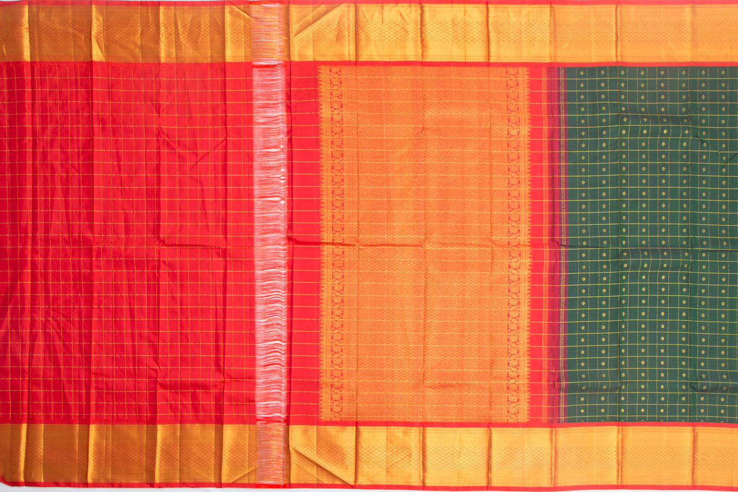 Kanchipuram Silk Checks And Butta Bottle Green Saree