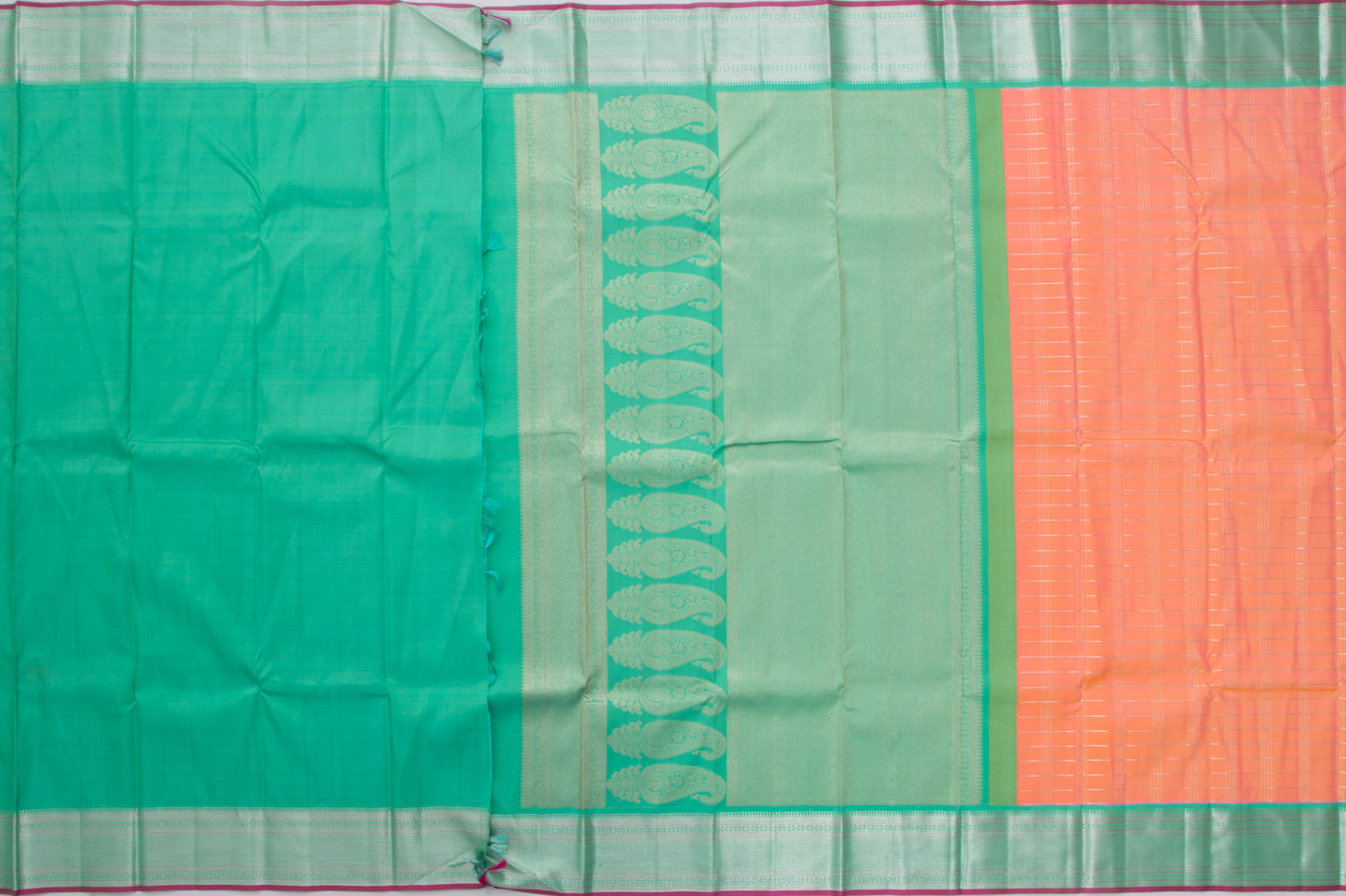 Kanchipuram Silk Checks Pink And Orange Dual Tone Saree
