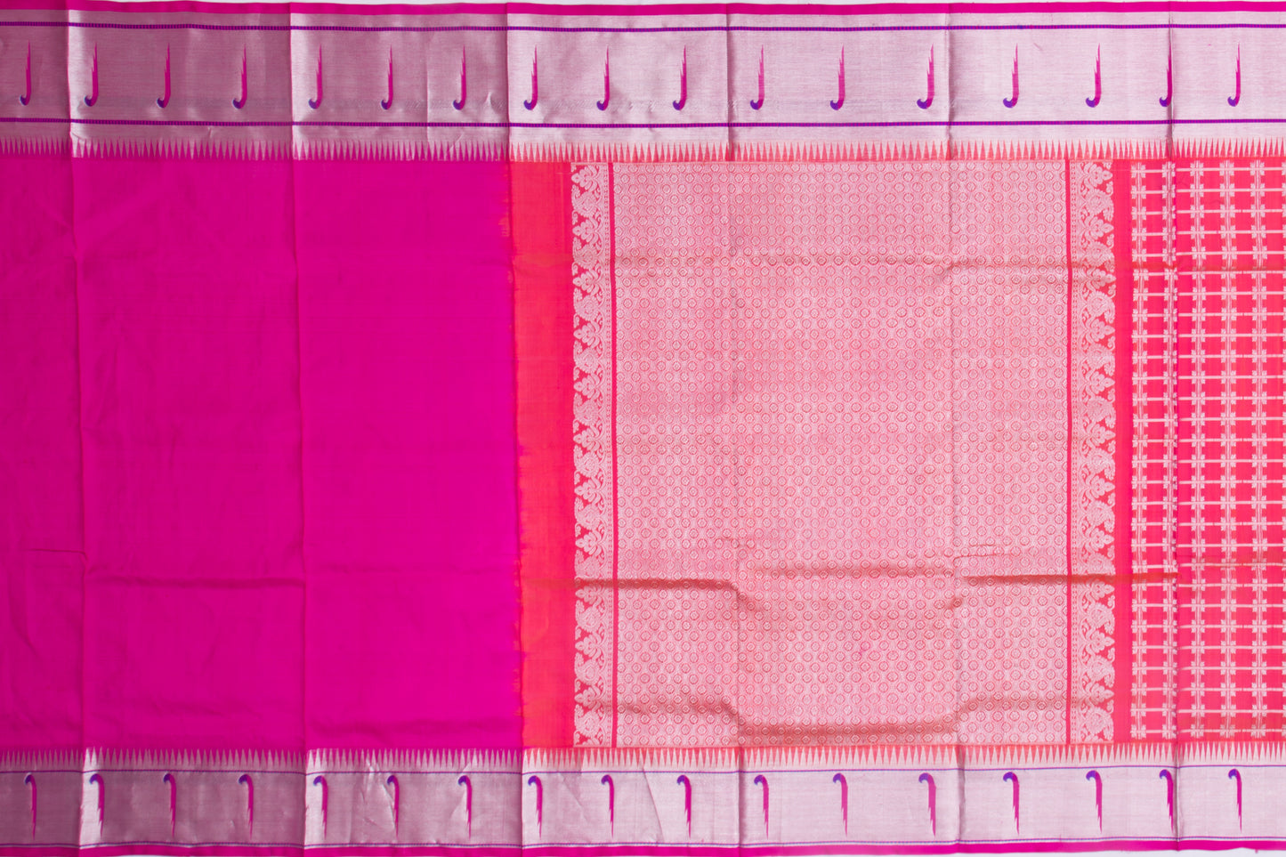 Venkatagiri Silk Checks And Butta Pink And Orange Dual Tone Saree