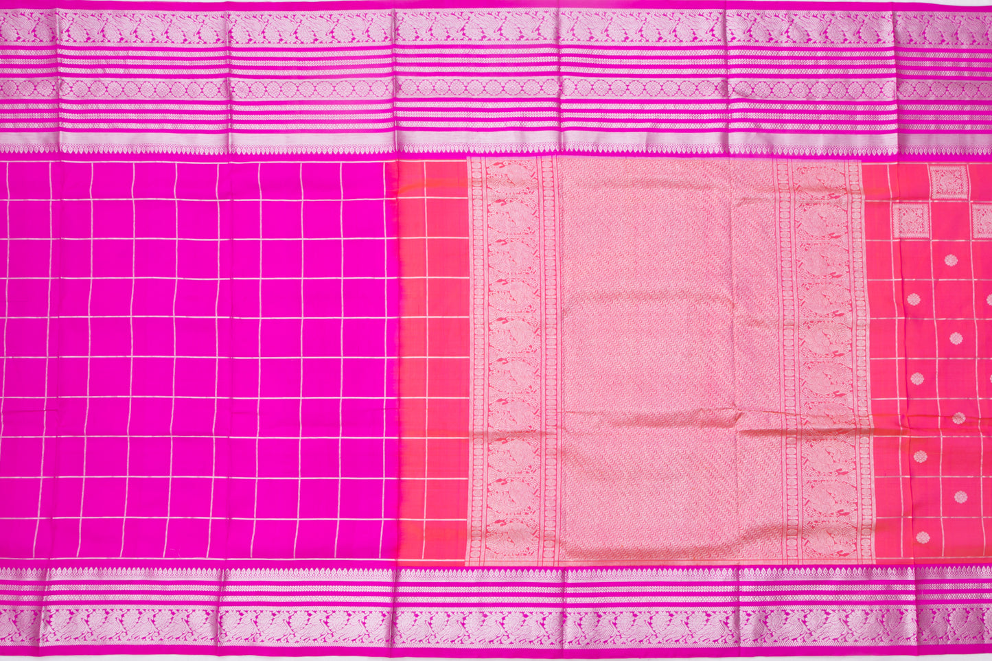 Venkatagiri Silk Checks And Butta Pink And Orange Dual Tone Saree