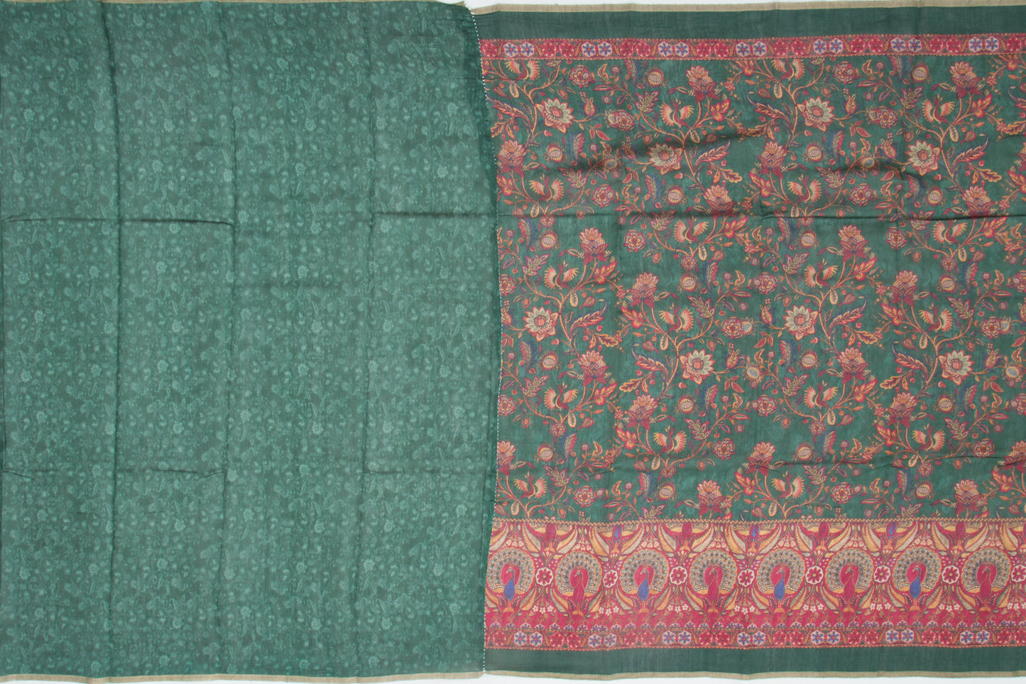 Munga Tussar Floral Printed Bottle Green Saree