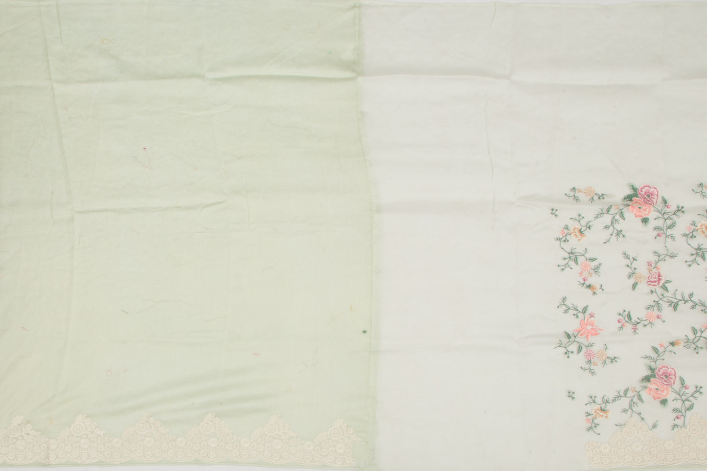 Organza Floral Embroidery Pastel Green Saree With Scallop Border