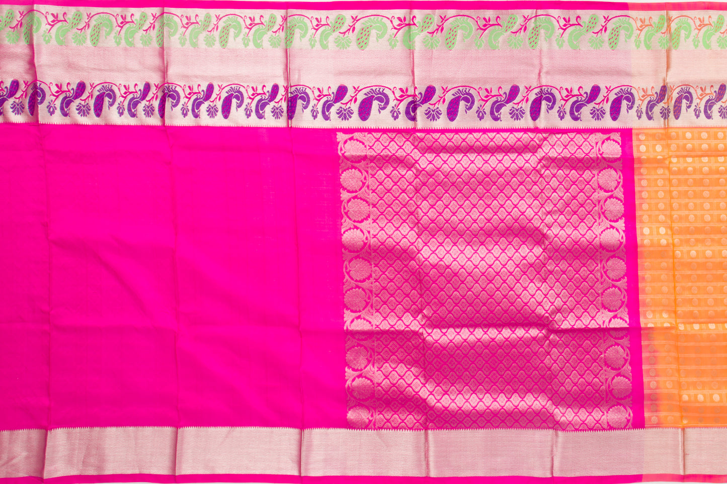 Venkatagiri Silk Checks And Butta Orange And Pink Dual Tone Saree