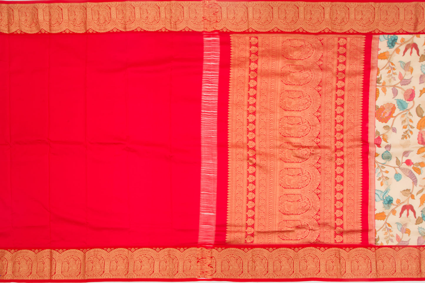 Kanchipuram Silk Floral Printed Cream Saree