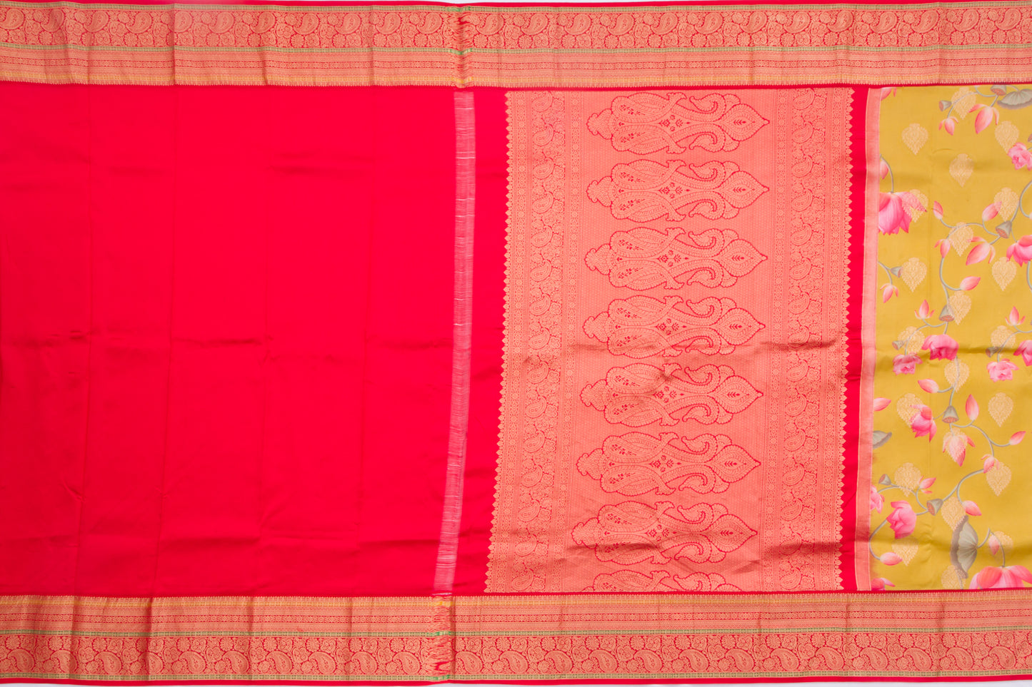 Kanchipuram Silk Floral Printed Yellowish Green Saree