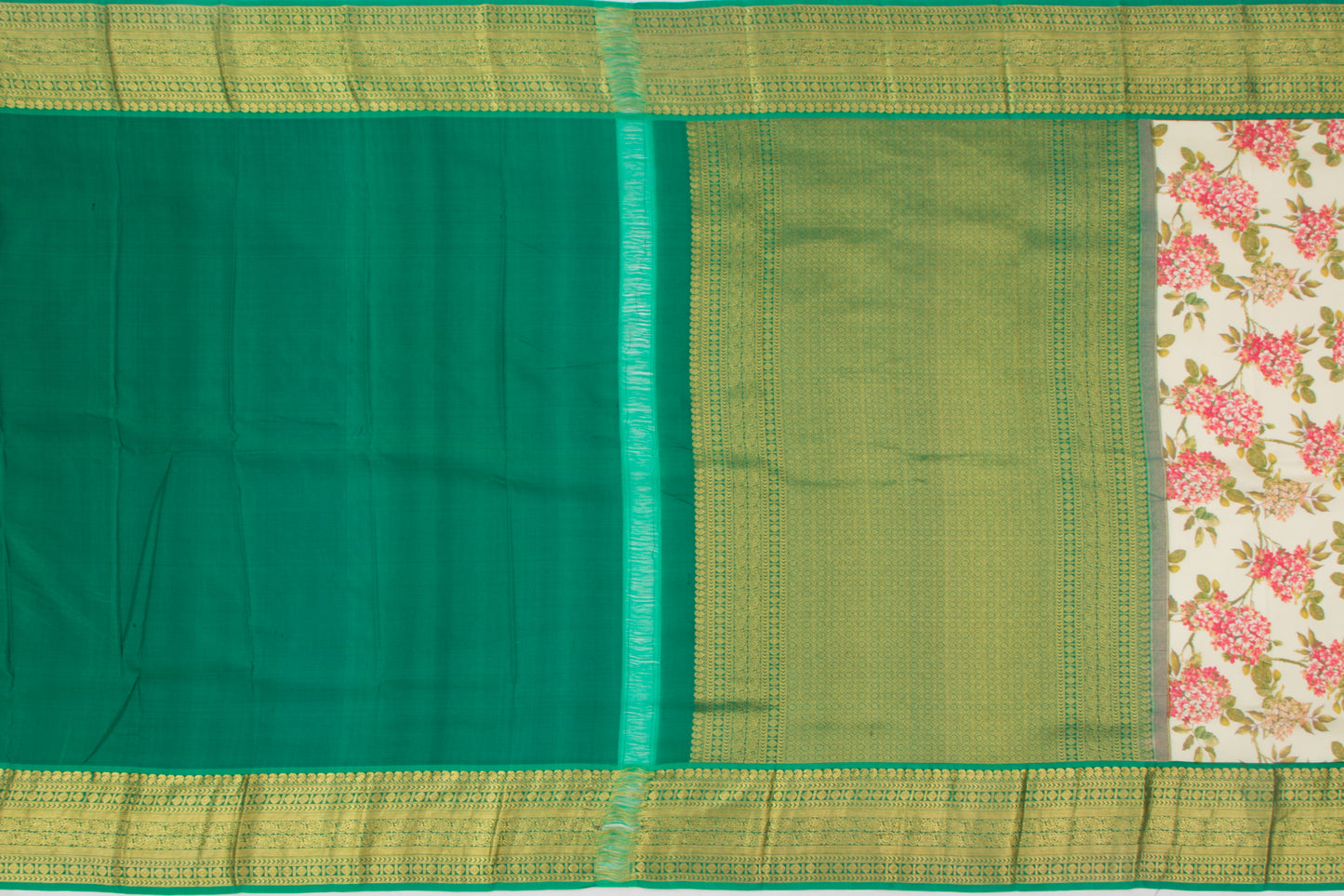 Kanchipuram Silk Floral Printed Cream Saree