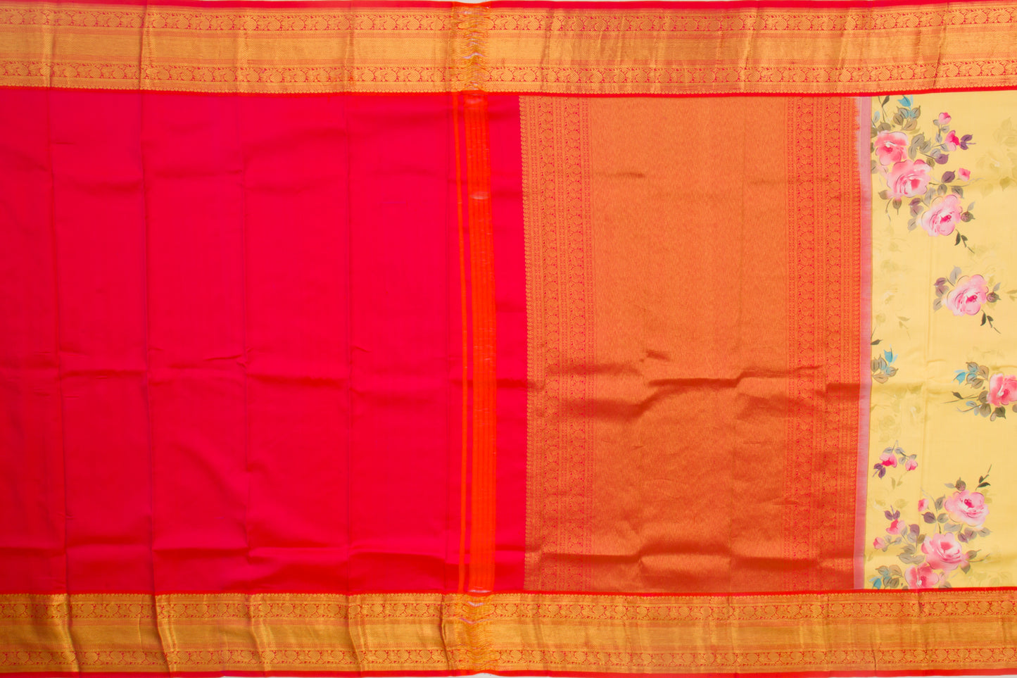 Kanchipuram Silk Floral Printed Yellow Saree