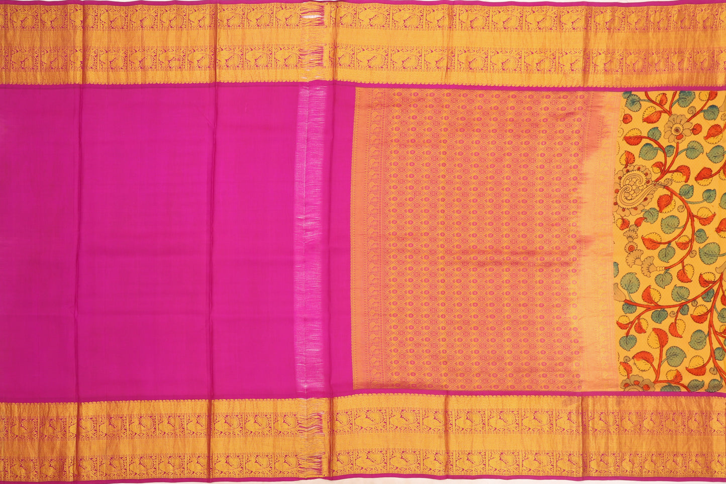 Kanchipuram Silk Kalamkari Yellow Saree
