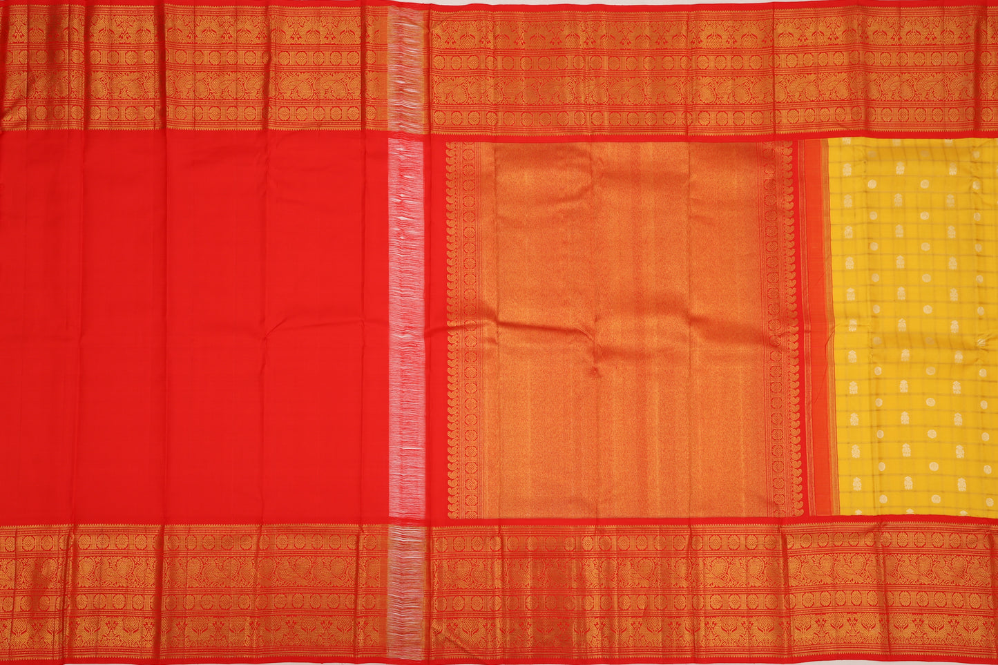 Kanchipuram Silk Checks And Butta Yellow Saree