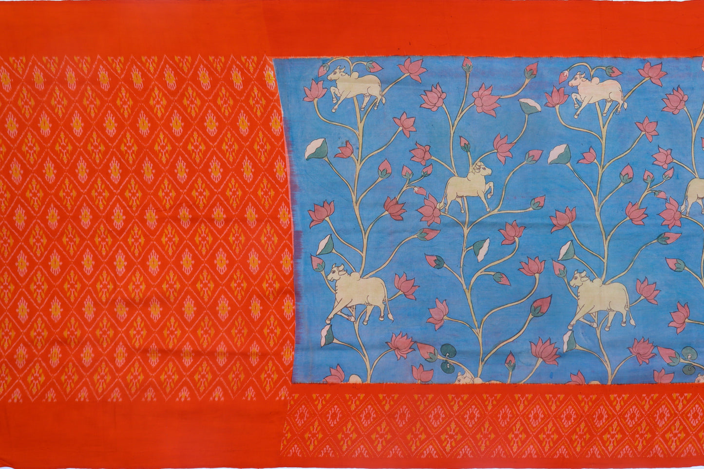 Pochampally Silk Ikat Kalamkari Hand Painted Blue Saree