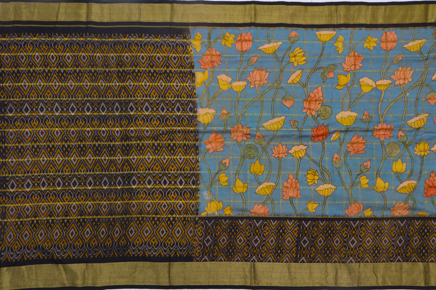 Pochampally Silk Ikat Hand Painted Blue Saree