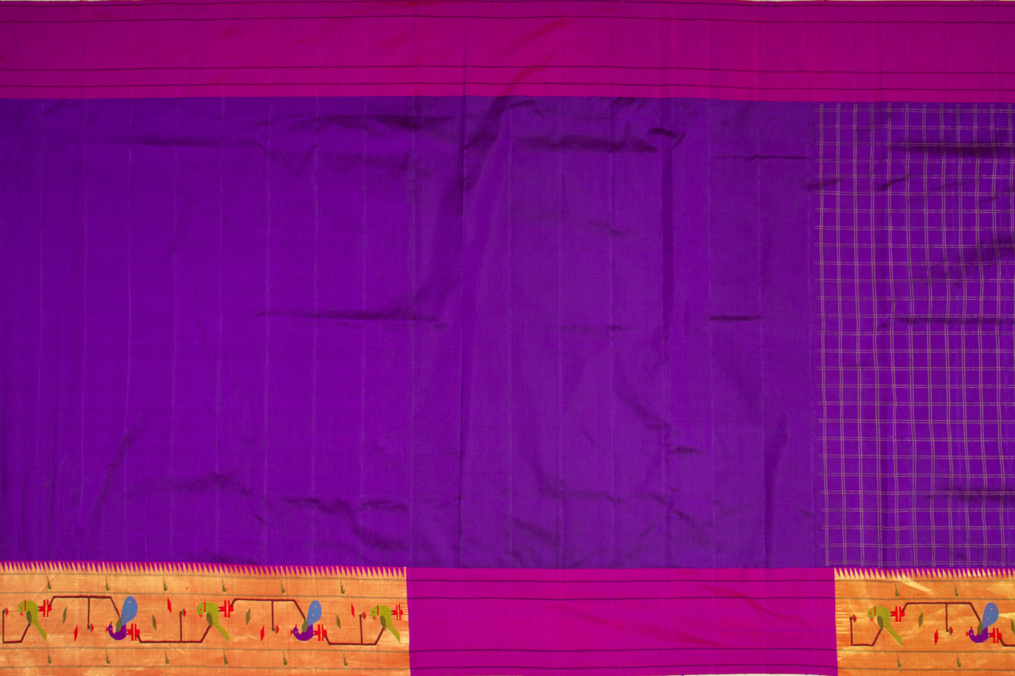 Paithani Silk Checks Violet Saree With Akruthi Border