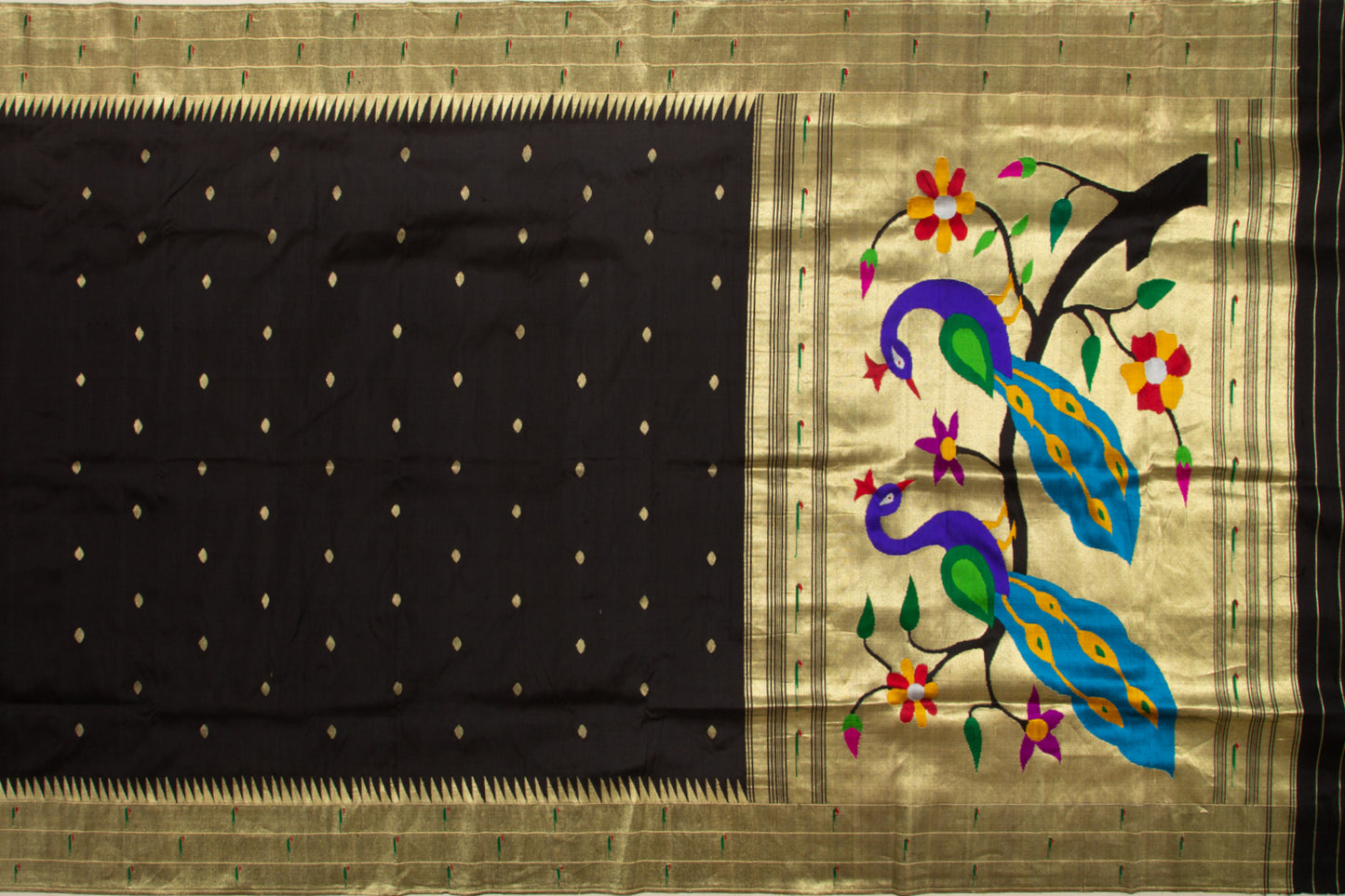Paithani Silk Butta Black Saree With Triple Muniya Border