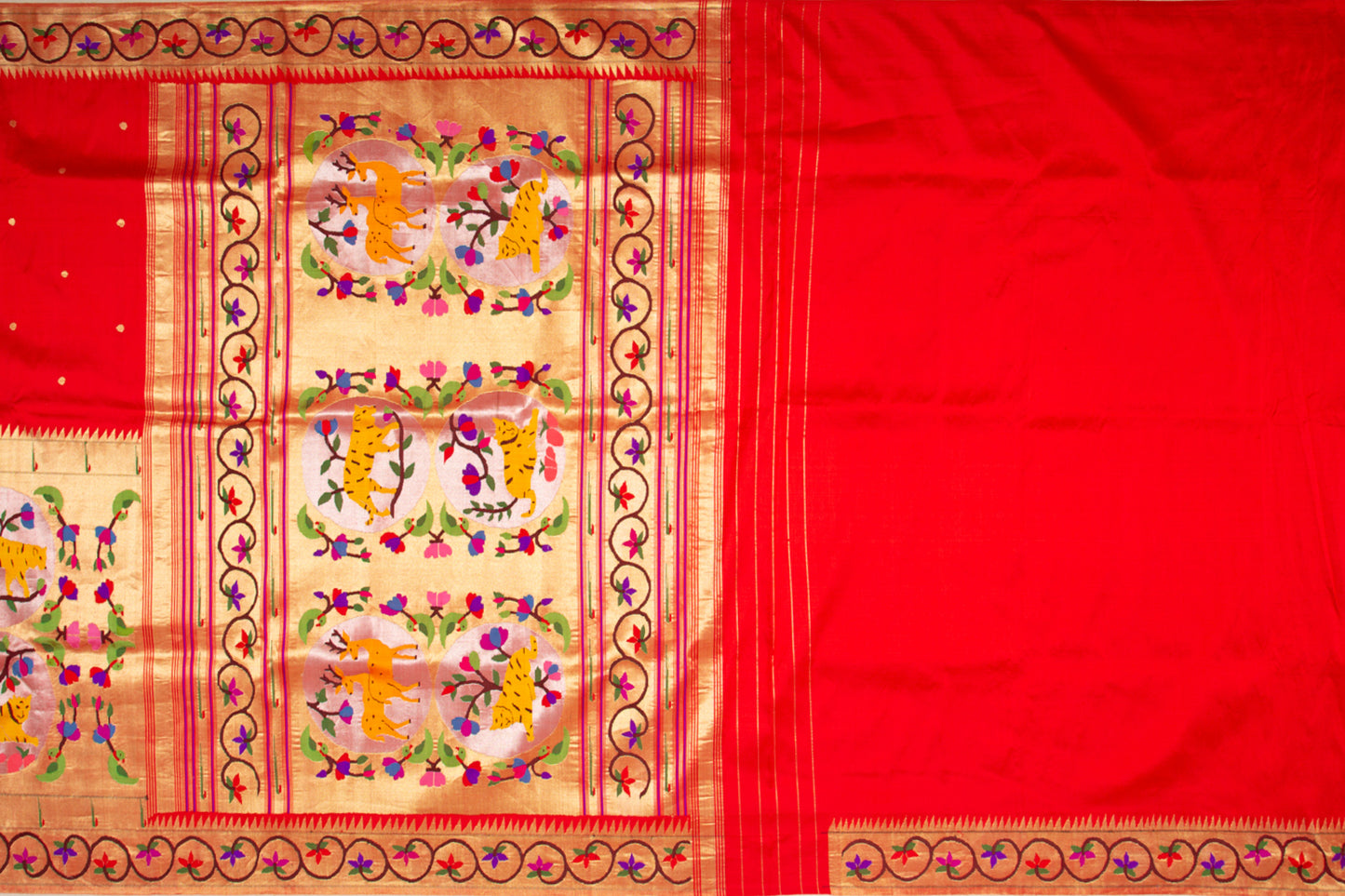 Paithani Silk Butta Red Saree With Large Border