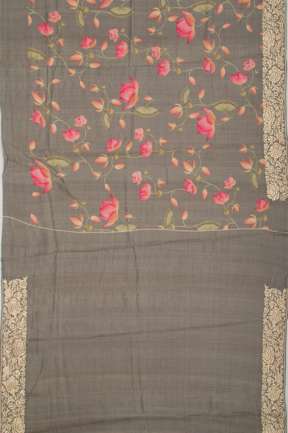 Tussar Floral Printed Elephant Grey Saree