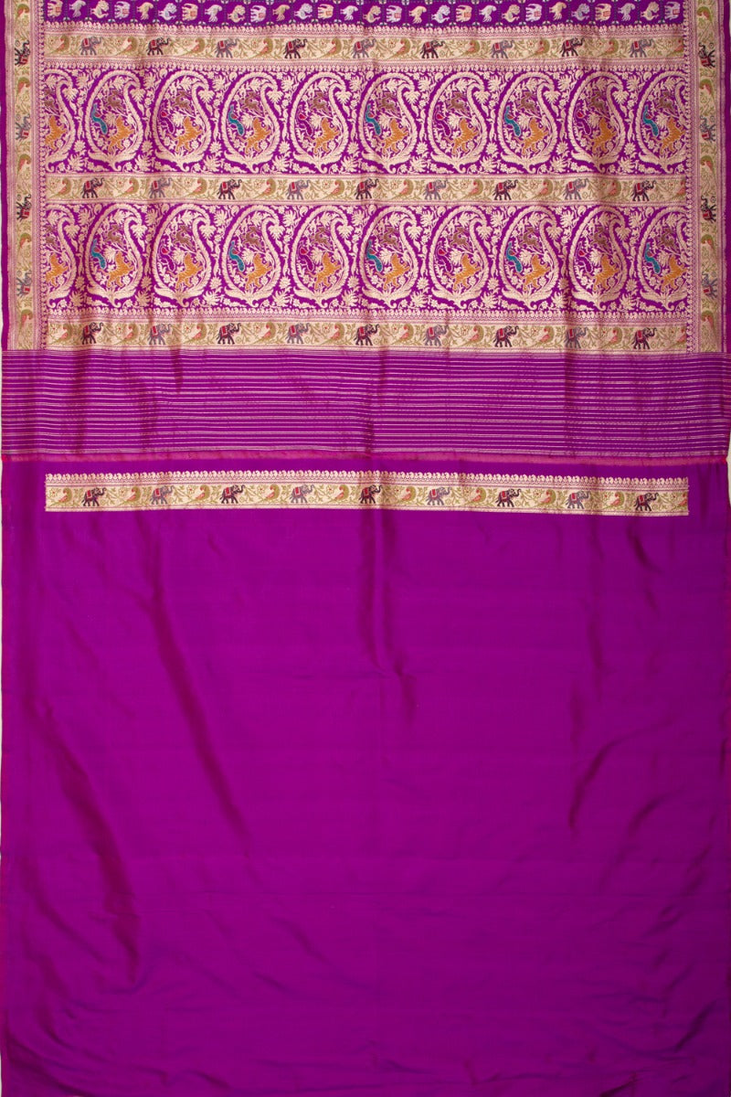 Banarasi Silk Checks And Shikargha Kadwa Butta Purple Saree