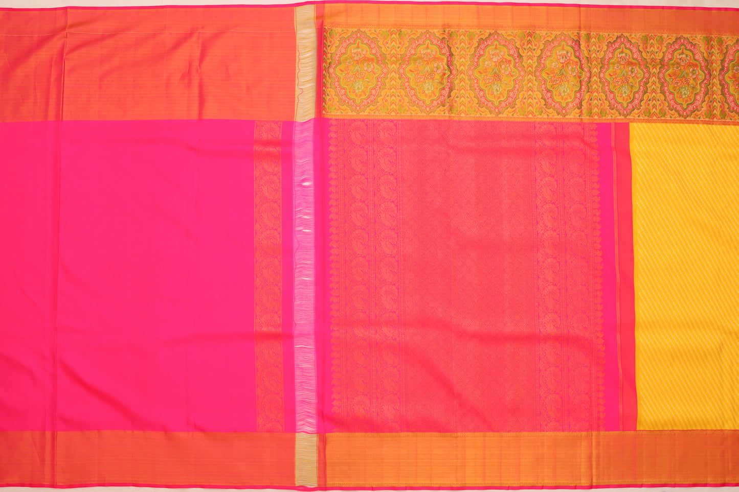 Kanchipuram Silk Diagonal Lines Brocade Yellow Saree