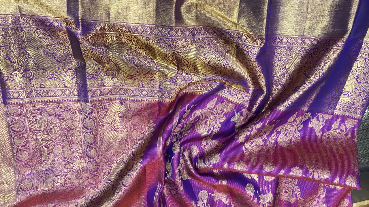 Kanchipuram Silk Oosi Lines Purple Saree