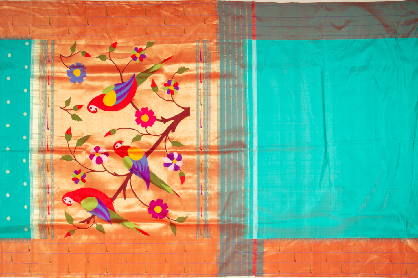 Paithani Silk Butta Teal Green Saree With Triple Muniya Border