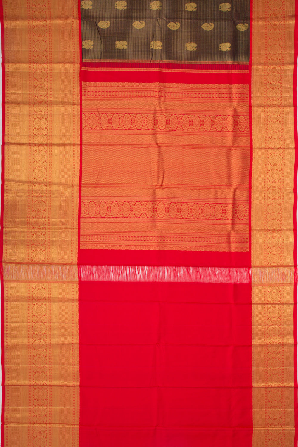 Kanchipuram Silk Checks And Butta Brown Saree