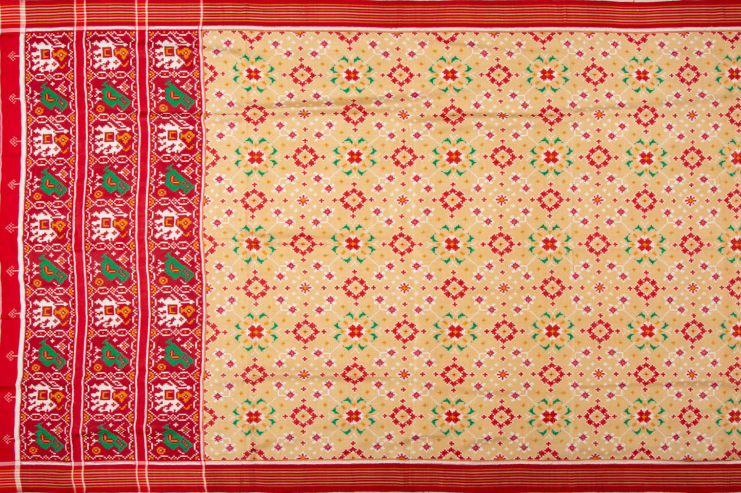 Patan Patola Silk Double Ikat Navratna Bhat Cream Saree