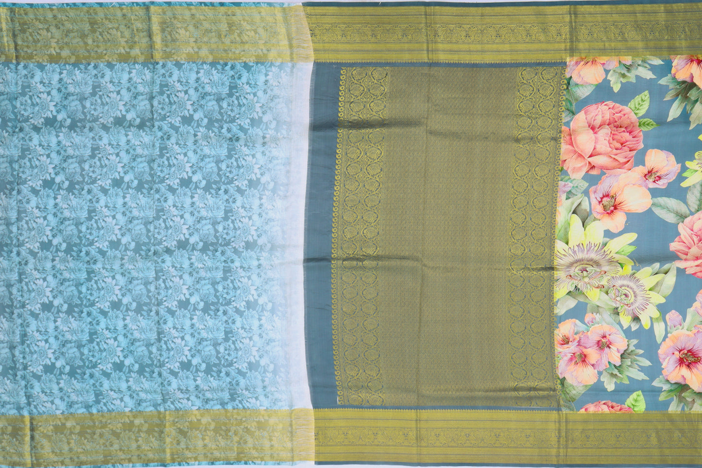 Kanchipuram Silk Floral Printed Blue Saree