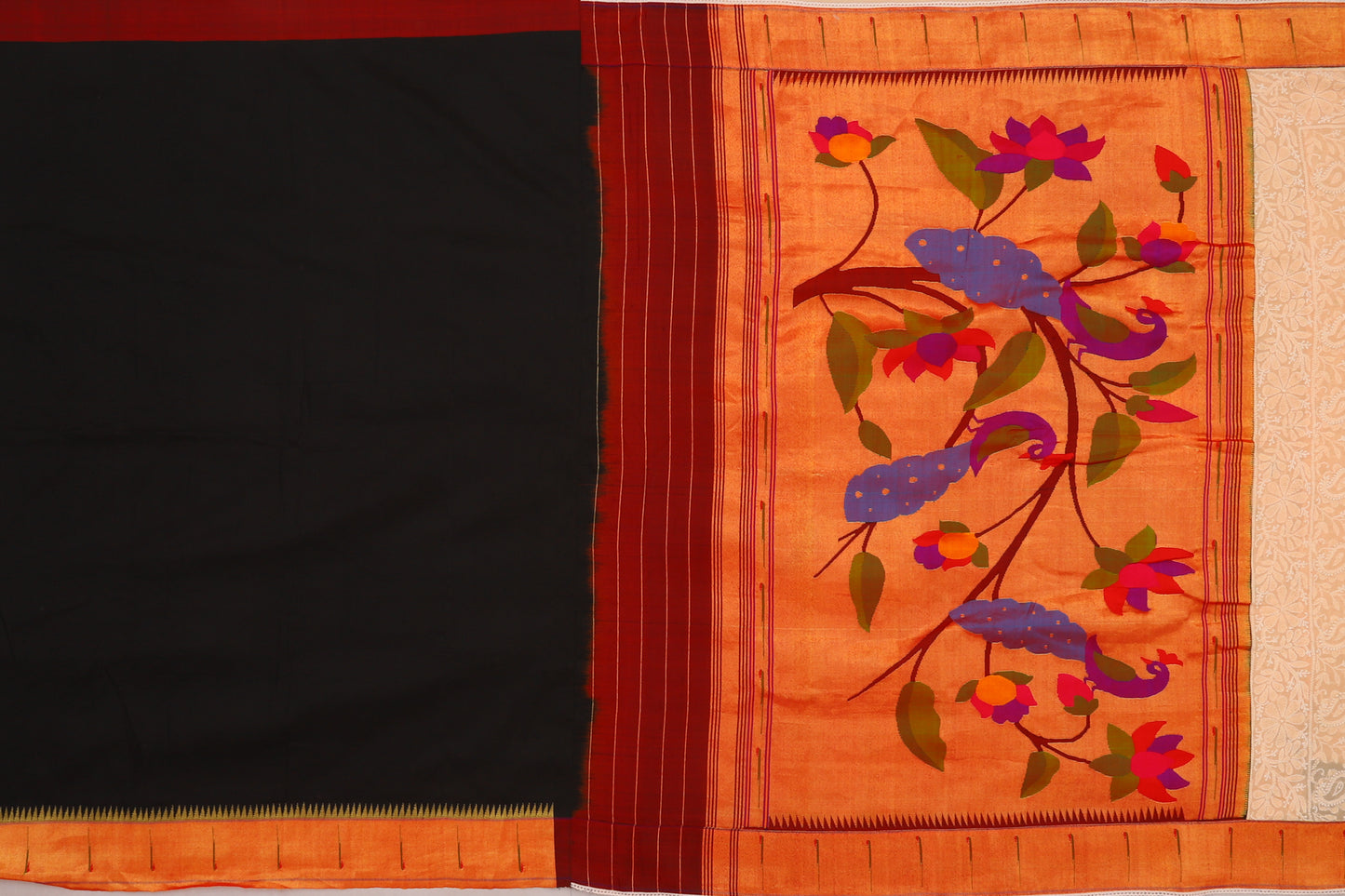 Lucknow Chikankari Georgette Pastel Orange Saree With Attached Paithani Border