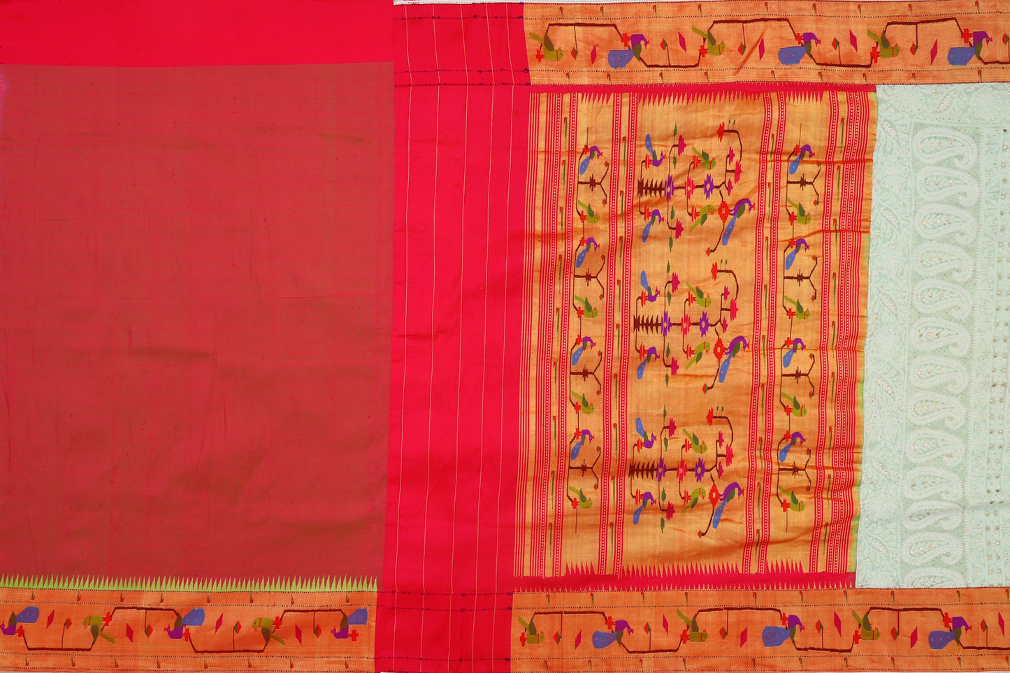 Lucknow Chikankari Georgette Pastel Green Saree With Attached Paithani Border