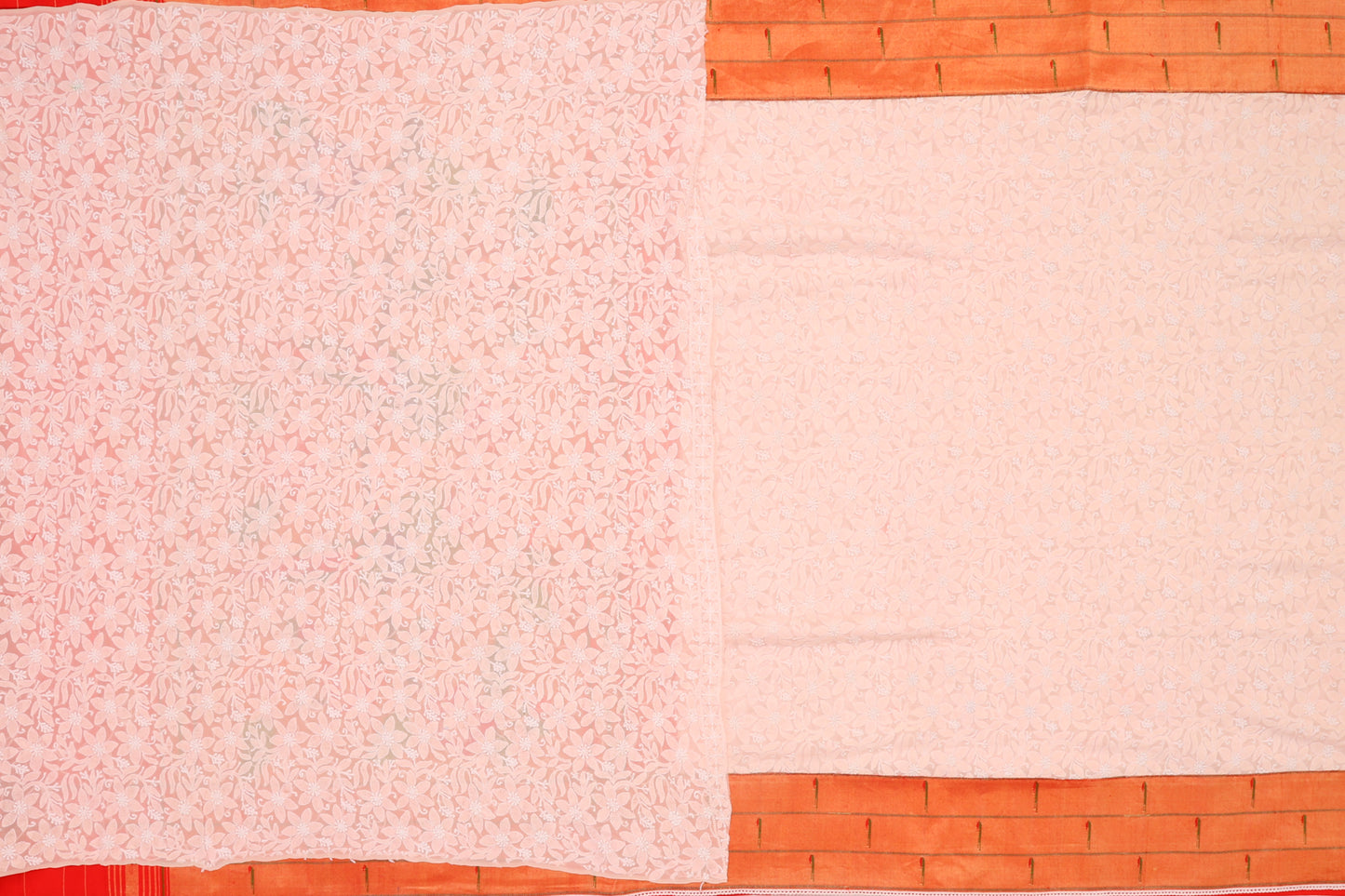 Lucknow Chikankari Georgette Pastel Pink Saree With Attached Paithani Border