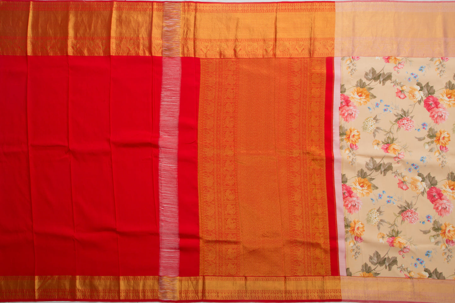 Kanchipuram Silk Floral Printed Cream Saree