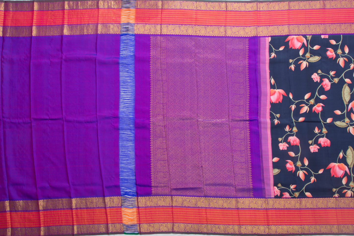Kanchipuram Silk Floral Printed Dark Blue Saree