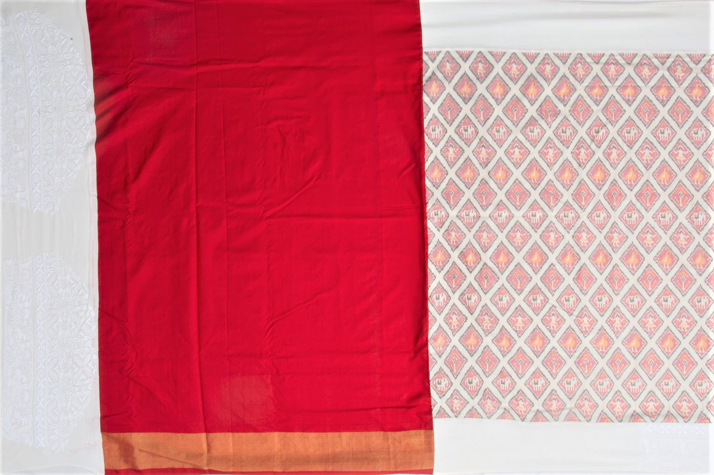 Pochampally Silk Ikat White Saree With Chikankari Border