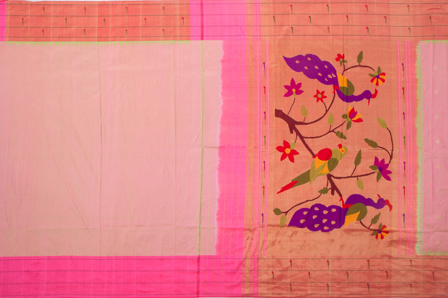 Paithani Silk Butta Pastel Pink Saree With Triple Muniya Border