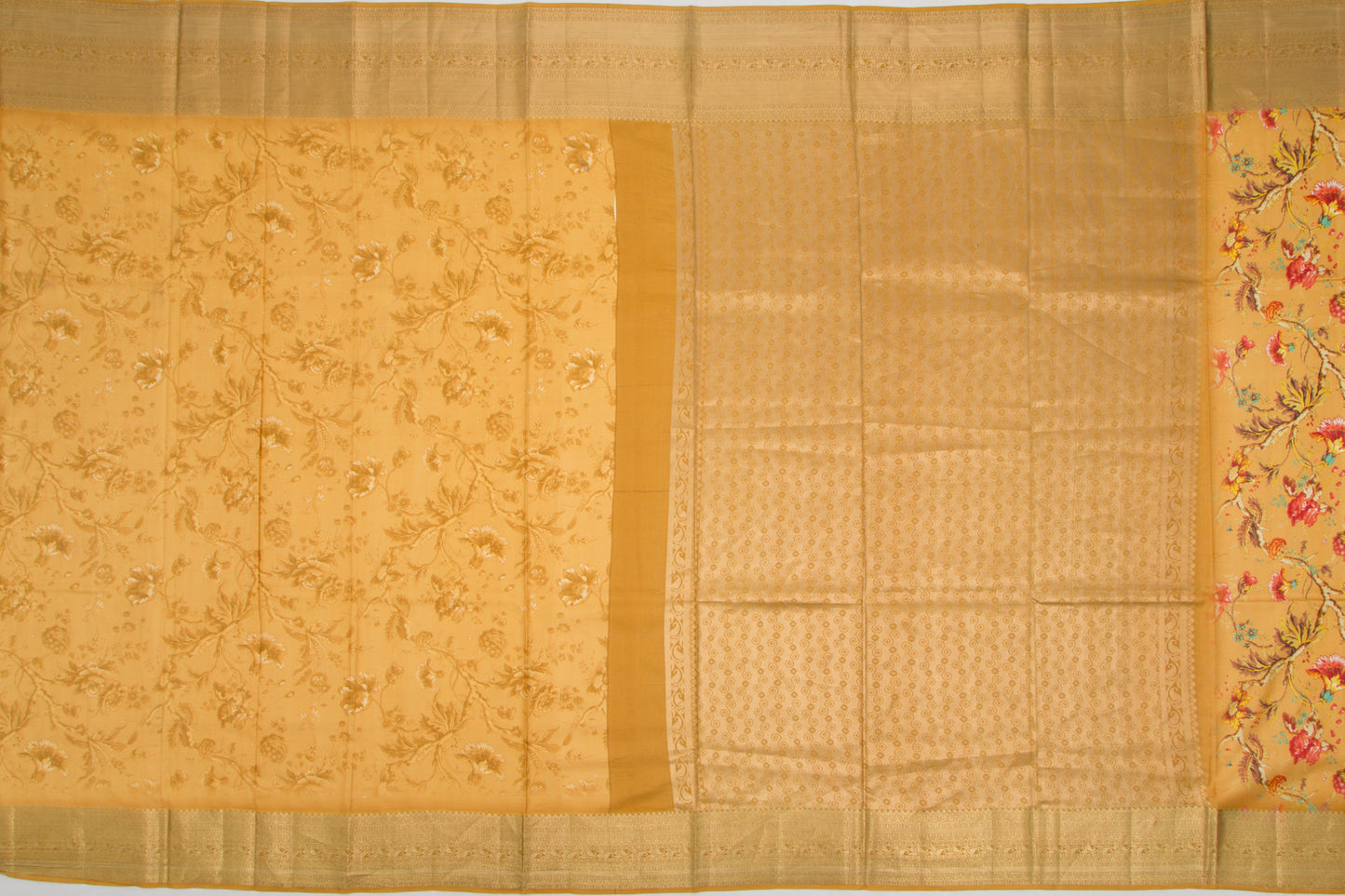 Chiniya Silk Floral Printed Mustard Yellow Saree