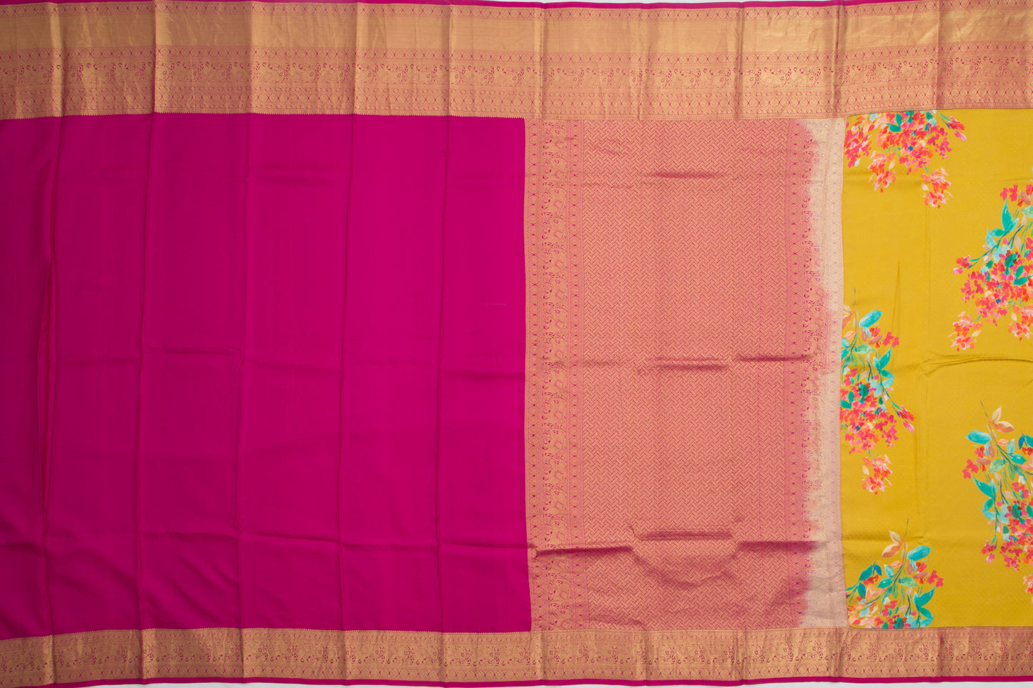 Kanchipuram Silk Jacquard And Floral Printed Yellow Saree