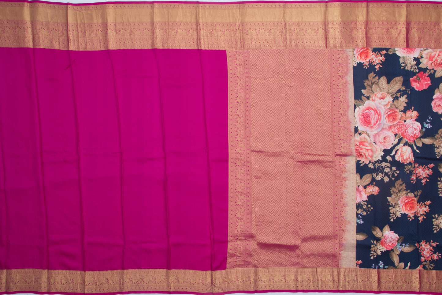Kanchipuram Silk Jacquard And Floral Printed Dark Blue Saree