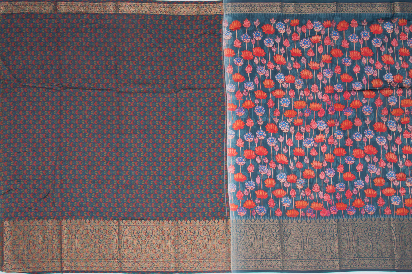 Chiniya Silk Floral Printed Dark Blue Saree