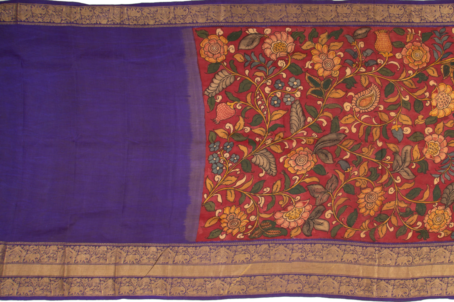 Kanchipuram Silk Kalamkari Hand Painted Brown Saree