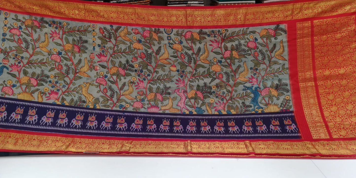 Kanchipuram Silk Kalamkari Ikat Saree